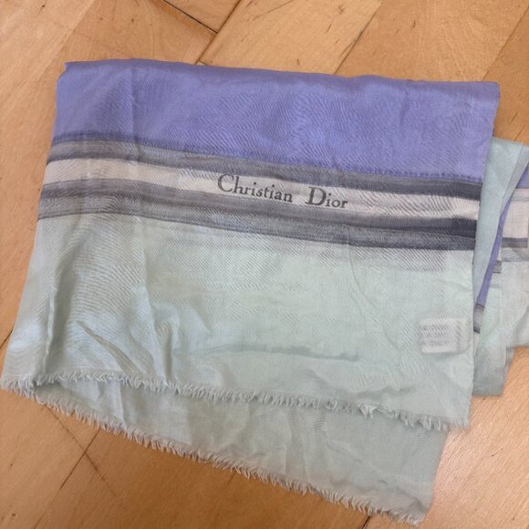 Christian Dior Vintage Silk Scarf Blue Striped Print Made in France 17x41" - Picture 1 of 7